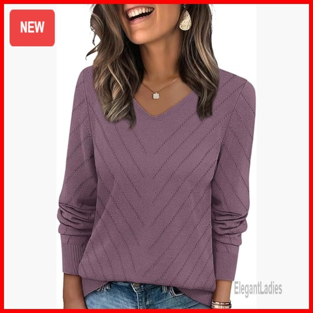 Lightweight V-Neck Sweater Long Sleeve Pullover Knit Casual Fall Outfit
